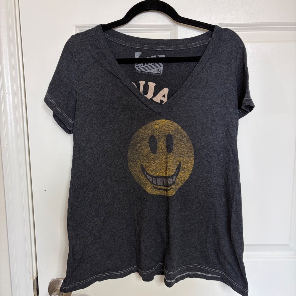 Local Celebrity Laugh More Smiley Face V-Neck Graphic Tee Gray Size M